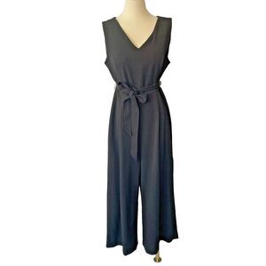 Calvin Klein Jumpsuit Women's Black Cropped Wide Leg V-neck Tie Waist Sz 12